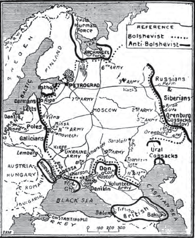 Χάρτης που δείχνει, μαζί με τα εσωτερικά μέτωπα, τις θέσεις των ξένων δυνάμεων στη δυτική Σοβιετική Ρωσία το Μάρτιο του 1919.  Δε φαίνονται άλλες δύο επεμβάσεις που εξελίσσονται στην ανατολική Σοβιετική Ρωσία